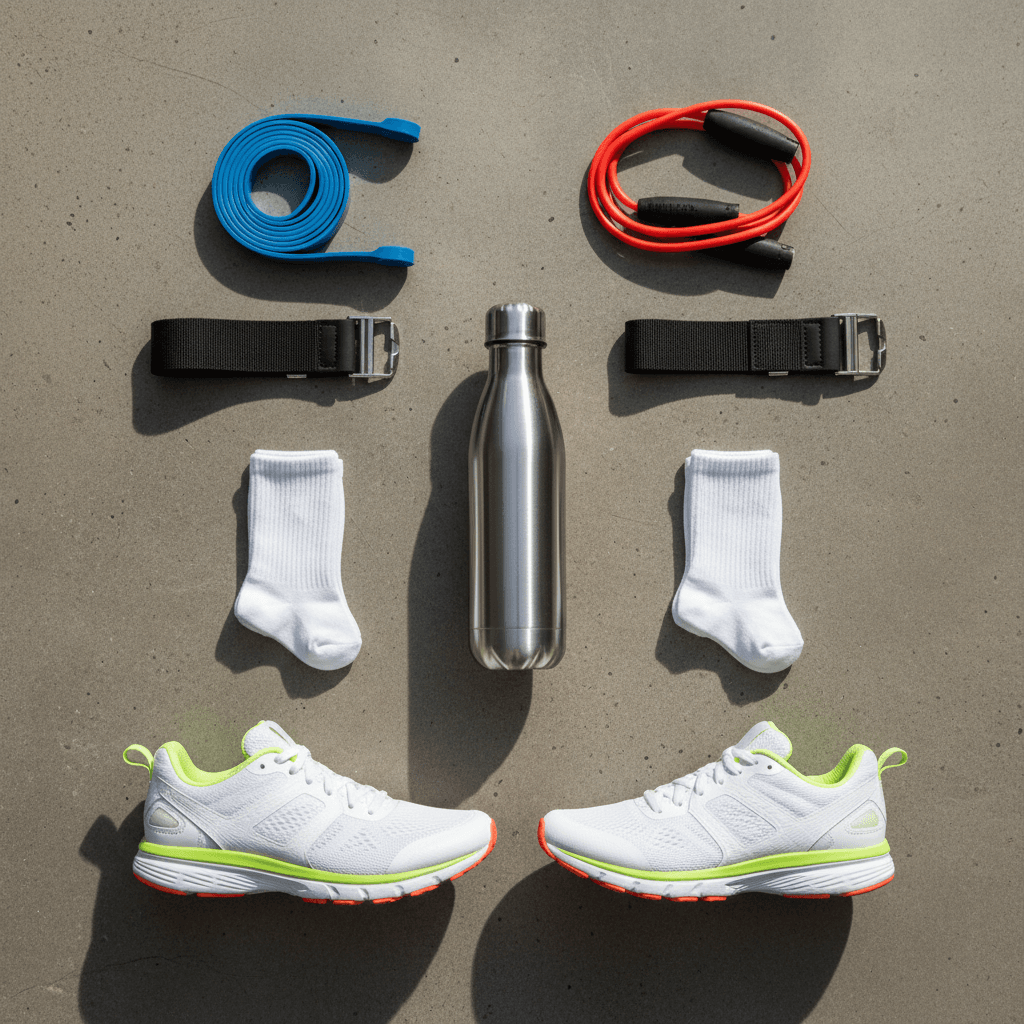 Collection of sports accessories including water bottles, belts, and shoes