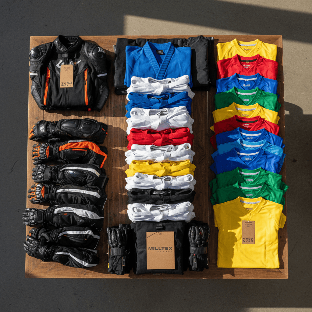 Wholesale sports gear and apparel stacked and organized