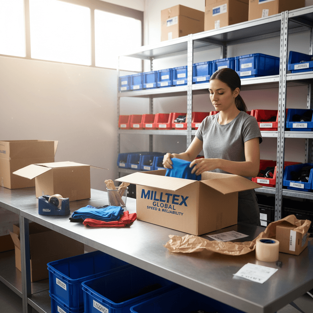 Fulfillment worker packing wholesale orders at a busy warehouse station