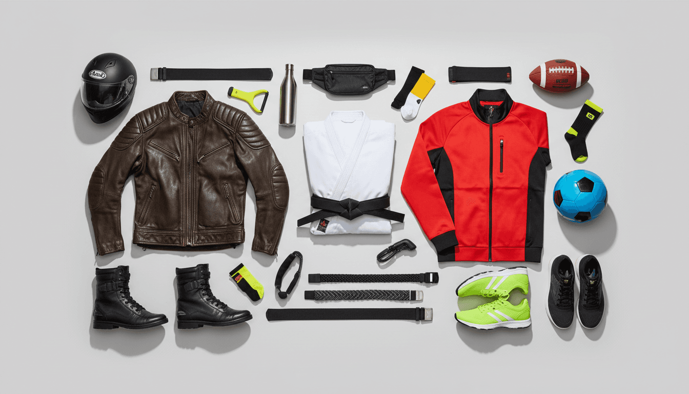 Diverse wholesale sports gear, apparel, and accessories displayed together including karate suits, leather jackets, and sports equipment